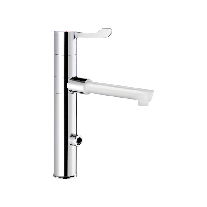 DELABIE TEMPOMATIC MIX 230V electronic deck-mounted tap with swivel spout and BIOCLIP disposable clip-on spout