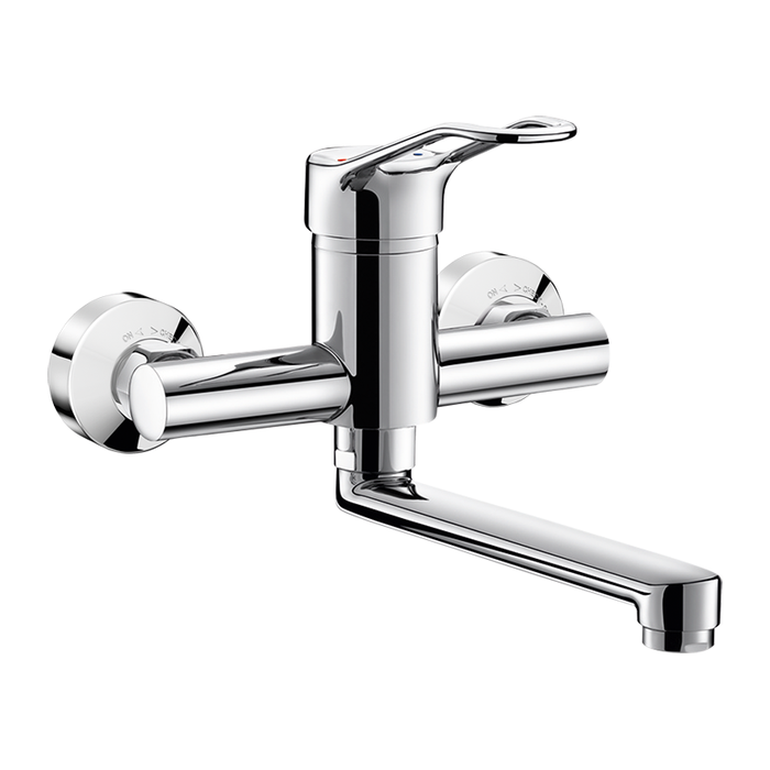 DELABIE sıva üstü mekanik lavabo bataryası, 200 mm uzunluğunda hareketli ağızlıklı, STOP/CHECK eksantrikler, açık kollu