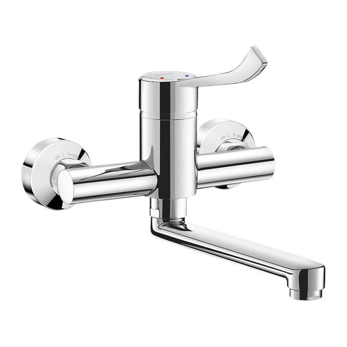 Mezclador mecánico mural DELABIE para lavabo, con caño móvil de 200 mm, excéntricas STOP/CHECK, maneta HIGIENA