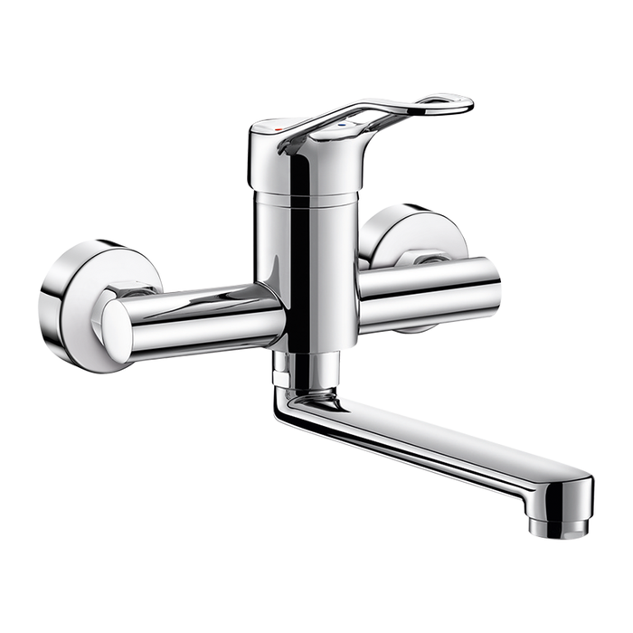 Mezclador mecánico mural DELABIE para lavabo, con caño móvil de 200 mm, excéntricas estándar, maneta calada