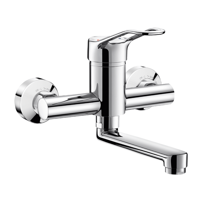 Mezclador mecánico mural DELABIE para lavabo, con caño móvil de 150 mm, excéntricas STOP/CHECK, maneta calada