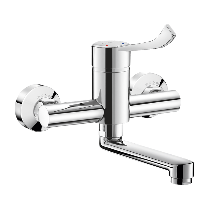 Miscelatore meccanico a parete DELABIE con regolatore di pressione, per lavabo, con bocca girevole L. 150 mm, eccentrici STOP/CHECK, maniglia HIGIENA