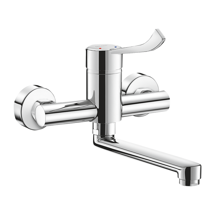 DELABIE mechanical wall-mounted tap with pressure regulator, for washbasin, with swivel spout L. 150 mm, standard eccentrics, HYGIENE handle