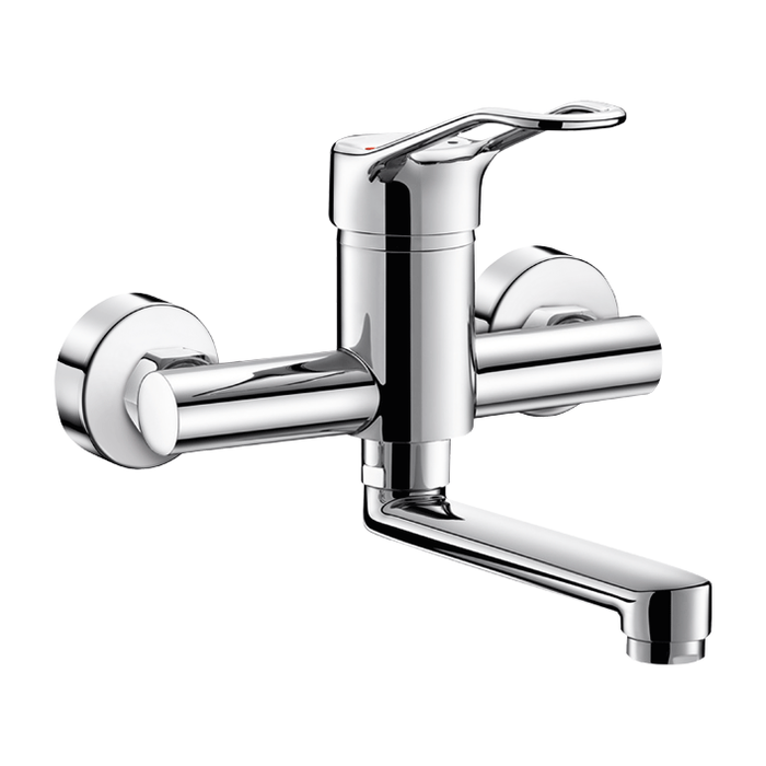 DELABIE mechanical wall-mounted tap for washbasin, with swivel spout L. 150 mm, standard eccentrics, open handle