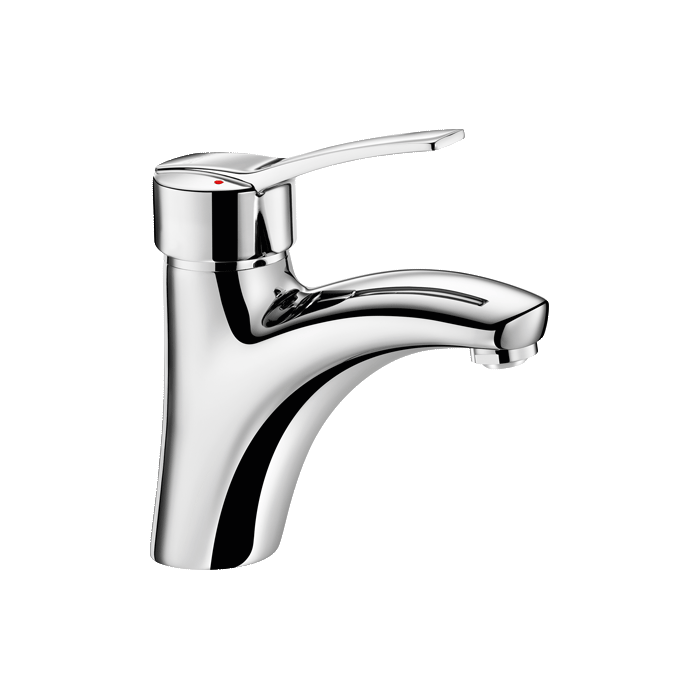 DELABIE mekanik ayakta duran lavabo bataryası, basınç regülatörlü, 85 mm ağızlık yüksekliği, çubuksuz ve tapasız, tam kollu