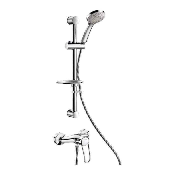 Set doccia con miscelatore meccanico DELABIE, eccentrici STOP/CHECK, con asta doccia con portasapone