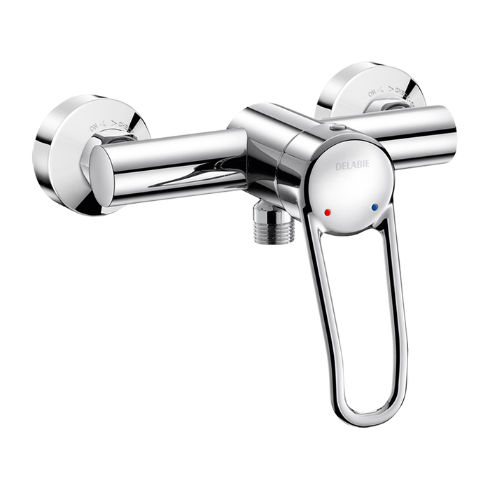 Miscelatore doccia a parete DELABIE SECURITHERM EP, con regolatore di pressione, eccentrici STOP/CHECK, maniglia traforata