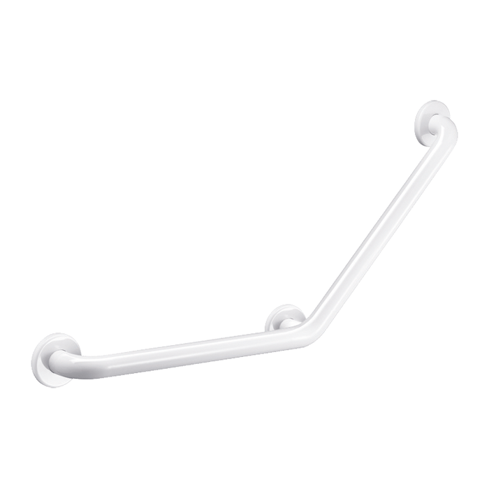 Vinklat stödhandtag 135° DELABIE Basic för personer med funktionsnedsättning, Ø32, 400 × 400 mm, vit epoxylackerad rostfritt stål