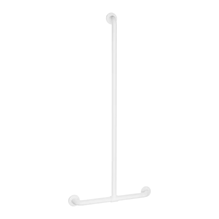 Barra de apoyo en forma de T DELABIE Basic para personas con discapacidad, Ø32, 1150 × 500 mm, acero inoxidable epoxy blanco