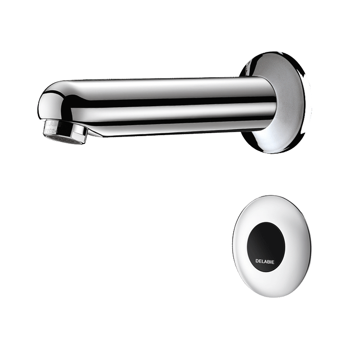 Robinet électronique en applique DELABIE TEMPOMATIC pour lavabo, M3/8″, alimentation secteur 230/12V avec transformateur, longueur de bec 170 mm