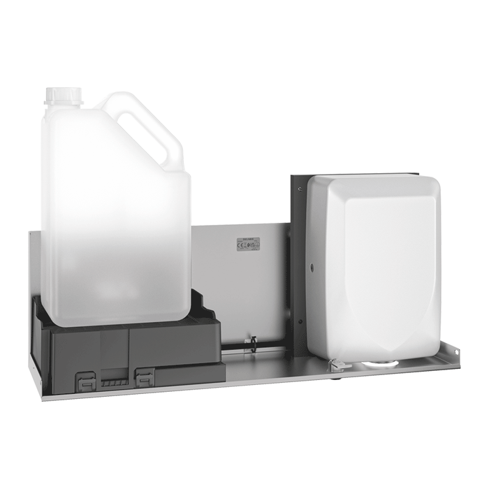 DELABIE 2-in-1 module for installation in cabinet, behind mirror, with electronic soap dispenser and hand dryer