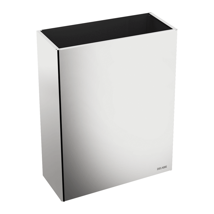DELABIE wall-mounted rectangular 38L waste bin, without lid, bright stainless steel