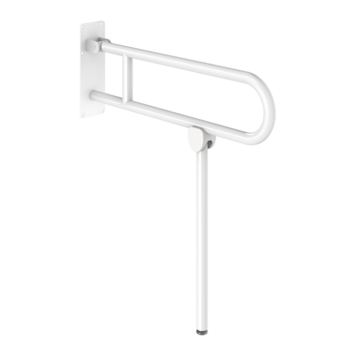 Vipbart buet støttegreb med støtteben DELABIE Basic, for handicappede, Ø32, længde 760 mm, hvid epoxy rustfri stål