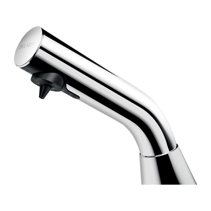 Distributore elettronico di sapone liquido o schiuma da piano DELABIE BINOPTIC, serbatoio 1 L, alimentazione di rete 230/6 V con trasformatore, inox cromato