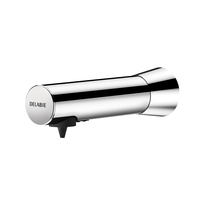 Distributore elettronico di sapone liquido o schiuma a parete DELABIE BINOPTIC, serbatoio 1 L, alimentazione di rete 230/6 V con trasformatore, inox cromato