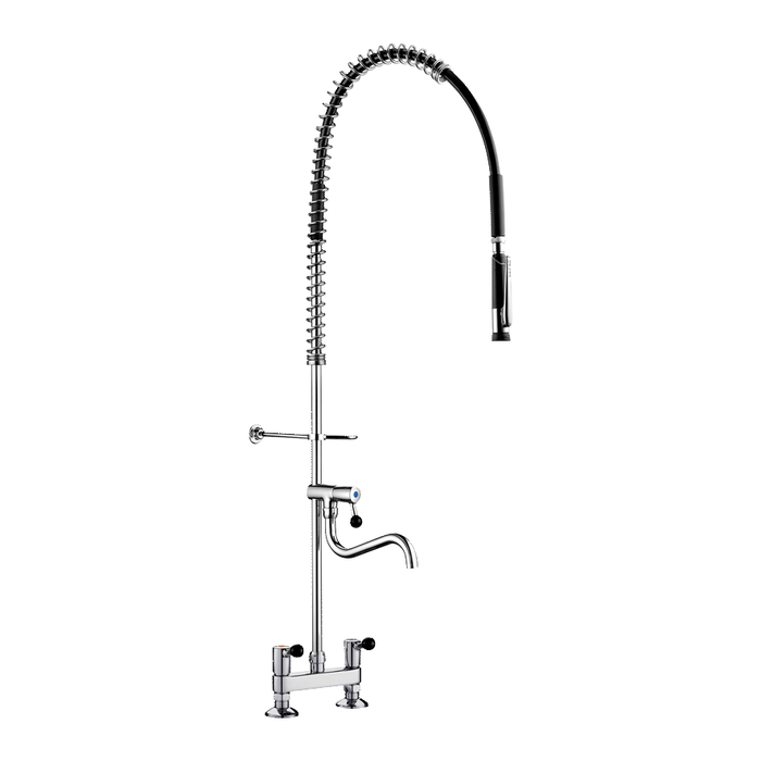 Black DELABIE pre-rinse set with two-hole deck-mounted mixer, spray head, with draw-off tap and swivel spout