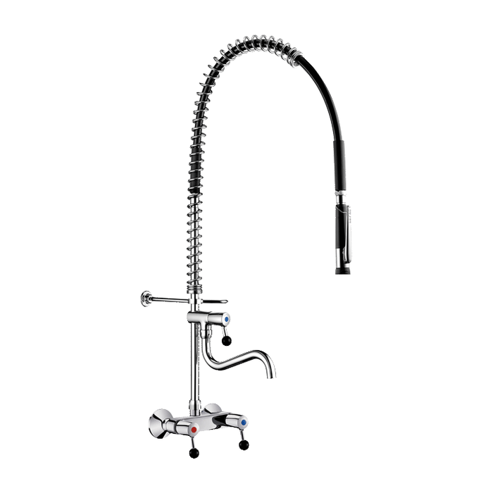 Black DELABIE pre-rinse set with wall-mounted mixer, spray head, with draw-off tap and swivel spout