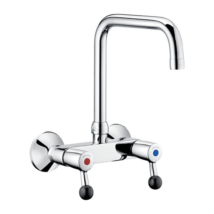 Zweiloch-Wandbatterie DELABIE, 60 L/min, schwenkbarer oberer Auslauf Länge 200 mm