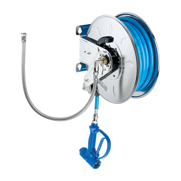 Enrolador automático DELABIE em inox, com chuveirinho e flexível de 15 m com guia