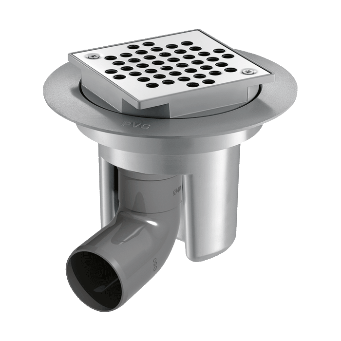 Siphon de sol 100 × 100 mm DELABIE, hauteur réglable, sortie horizontale Ø50