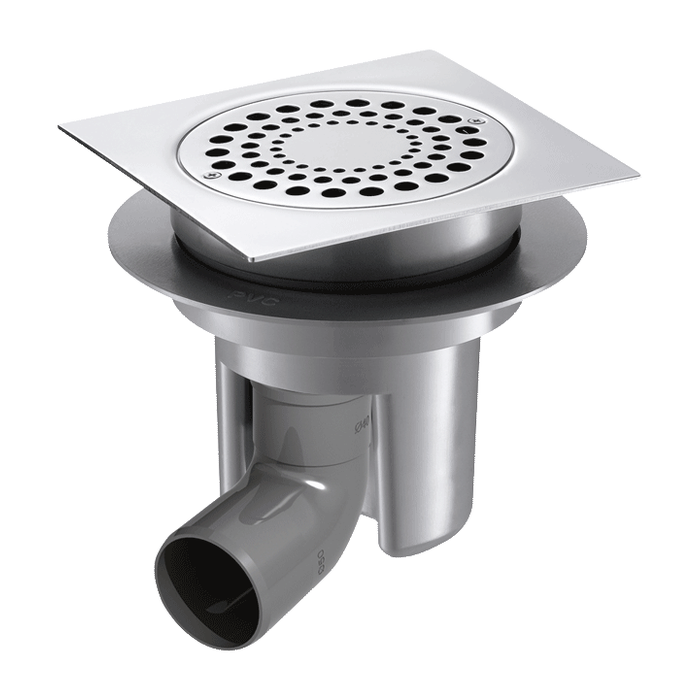 Wpust podłogowy 150 × 150 mm DELABIE, regulowana wysokość, zintegrowany odpływ Ø40