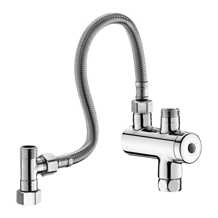 Termostatblander DELABIE PREMIX NANO, tilkoblinger F3/8″ og M3/8″, utløp M3/8″, forkrommet kropp, med tilkoblingssett 3/8″