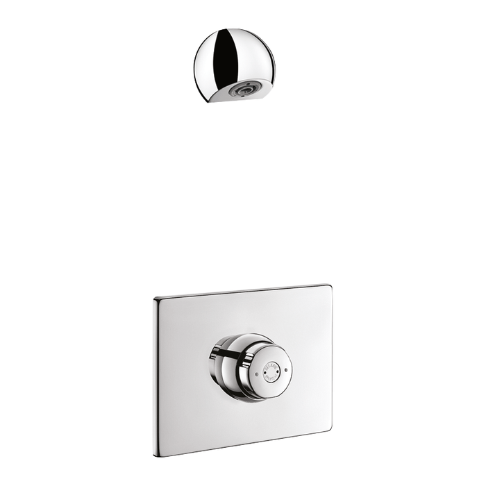 DELABIE TEMPOSTOP concealed time flow shower set, 30 sec flow, with stopcock, 160 x 220mm stainless steel plate and chrome Bayblend® push-button, with ROUND shower head