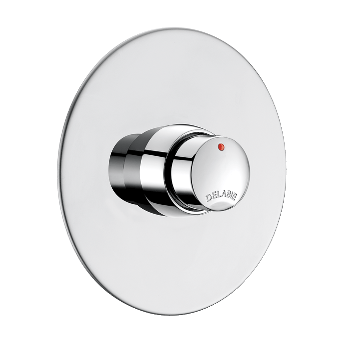 Inbyggd tidsstyrd duschventil DELABIE TEMPOSOFT 2, 1/2″, flödestid 30 s, med täckbricka Ø130 mm i rostfritt stål
