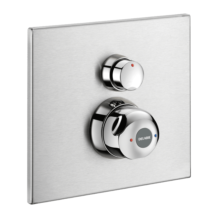 Podomítková časová termostatická sprchová baterie DELABIE SECURITHERM, uzavírací ventily Z1/2″, doba výtoku 30 s, s deskou 195 × 220 mm