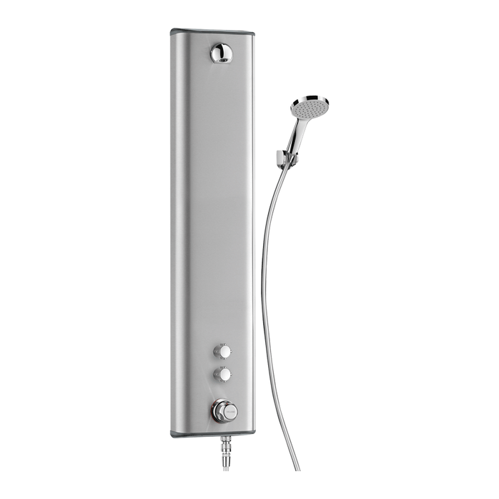 Mechanický termostatický sprchový panel DELABIE SECURITHERM dvoupákový, horní přívod Z1/2″, s uzavíracími ventily, s hlavicí ROUND a sprchou s nástěnným držákem, broušený nerez