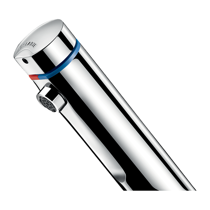 Stand-Zeitbatterie DELABIE TEMPOMIX 3 für Waschtisch, A3/8″, ohne Absperrventile, Laufzeit 7 s, mit Druck-Drehknopf
