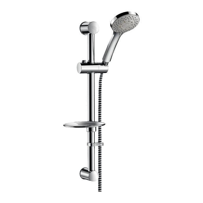 Sprchový set DELABIE s 5-tryskovou hlavicí Ø100, tyčí Ø25, chromovanou mýdlenkou, hadicí délky 1500 mm