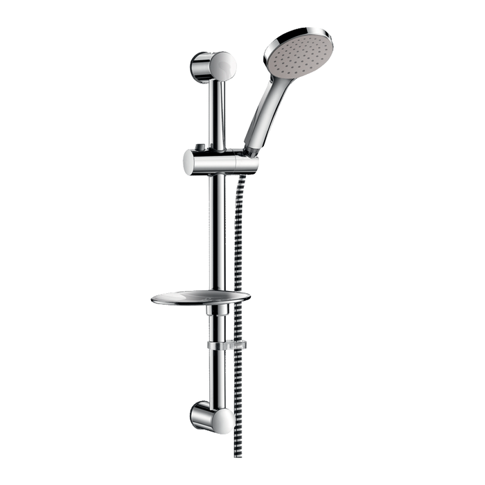 Sprchový set DELABIE s 1-tryskovou hlavicí Ø100, tyčí Ø25, chromovanou mýdlenkou, hadicí délky 1500 mm