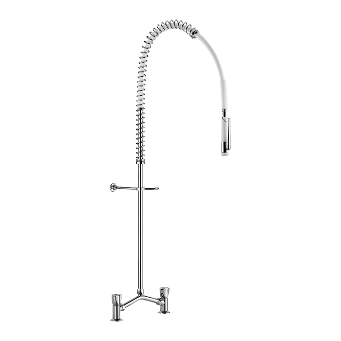 White DELABIE pre-rinse set with two-hole deck-mounted mixer, with spray head, without draw-off tap