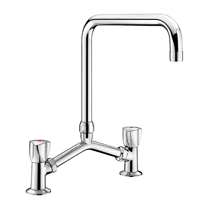 Dvojotvorová stojanková batéria DELABIE, 60 L/min, pohyblivý výtok vo výške 250 mm a dĺžke 200 mm, s gombíkmi