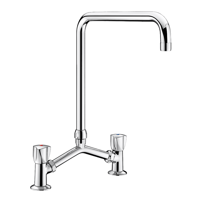 Dvojotvorová stojanková batéria DELABIE, 60 L/min, pohyblivý výtok vo výške 340 mm a dĺžke 300 mm, s gombíkmi