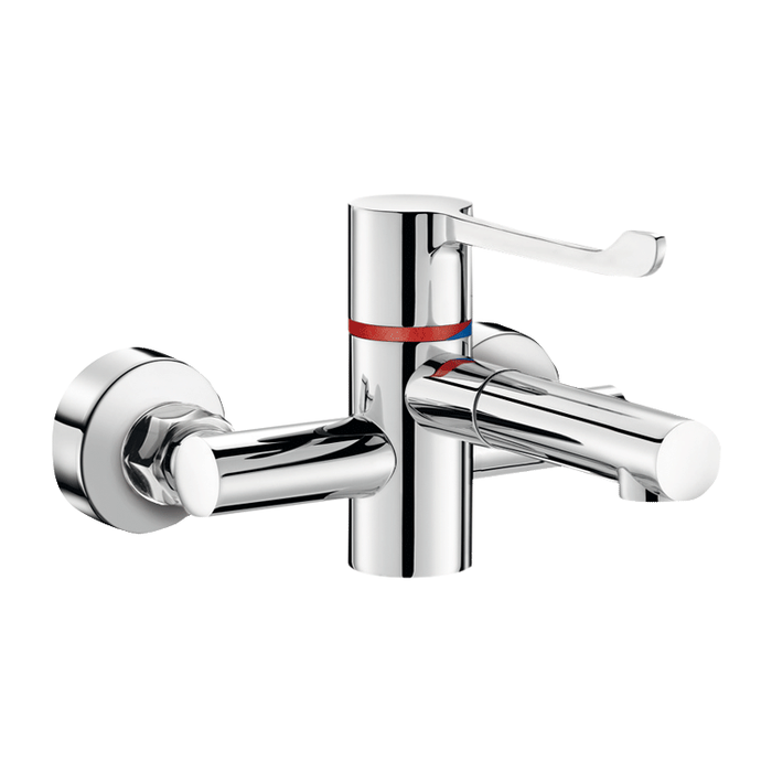 DELABIE SECURITHERM wall-mounted sequential thermostatic basin mixer, with two stainless steel BIOCLIP spouts, HYGIENE handle, standard eccentrics