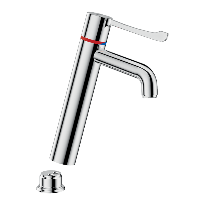 Misturadora termostática sequencial de bancada DELABIE SECURITHERM BIOCLIP para lava-louça, de encaixe, 1 furo, comprimento da bica 140 mm, altura da bica 160 mm, manípulo HIGIENA, sem vareta e válvula