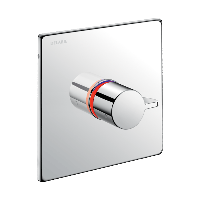 Miscelatore doccia termostatico sequenziale da incasso DELABIE SECURITHERM, con placca 166 × 166 mm in inox
