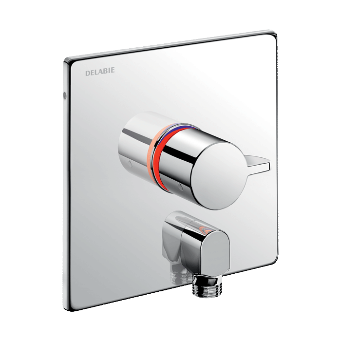 Mezclador termostático secuencial de ducha empotrado DELABIE SECURITHERM, con codo y placa de 166 × 166 mm de acero inoxidable