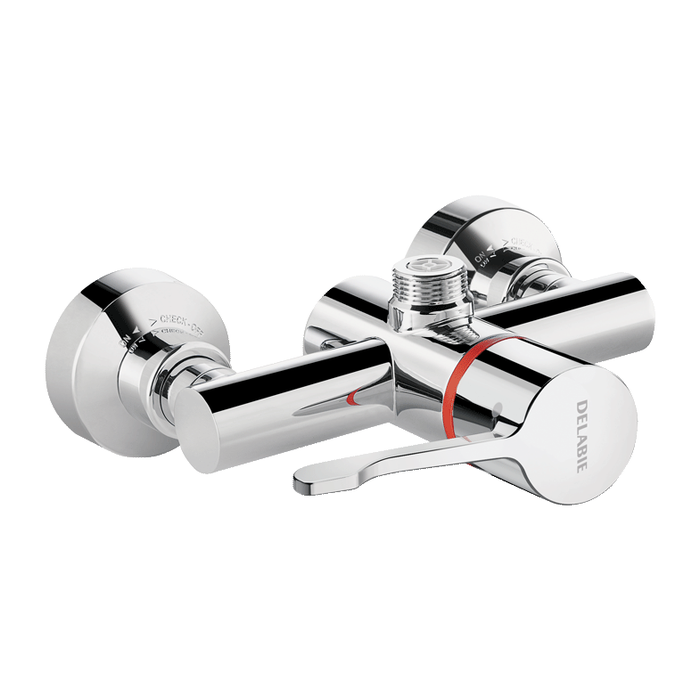 Miscelatore doccia termostatico sequenziale a parete DELABIE SECURITHERM, attacco superiore, maniglia HIGIENA, eccentrici STOP/CHECK