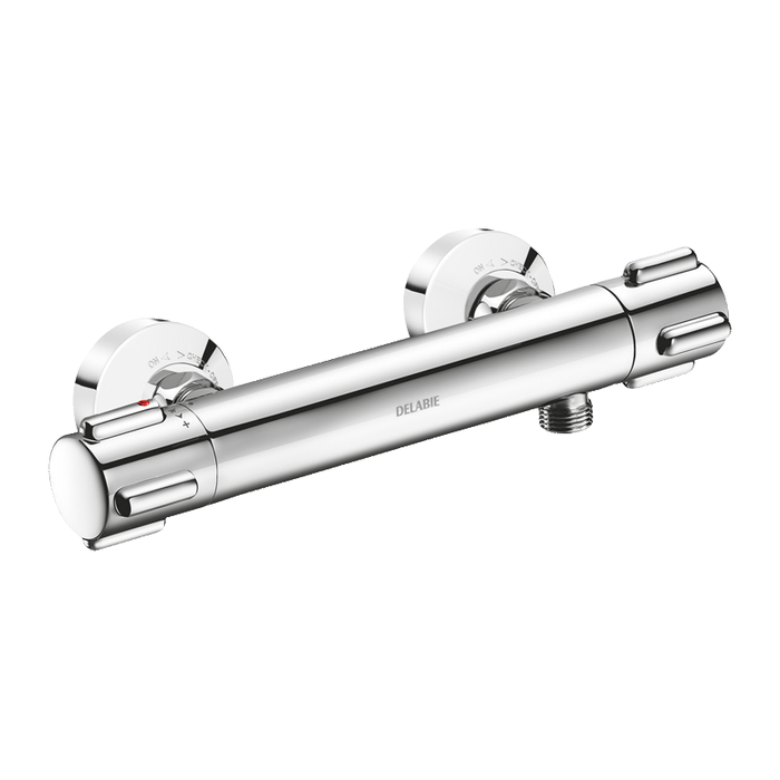 Mezclador de ducha termostático bimando DELABIE SECURITHERM, conexión inferior, excéntricas STOP/CHECK