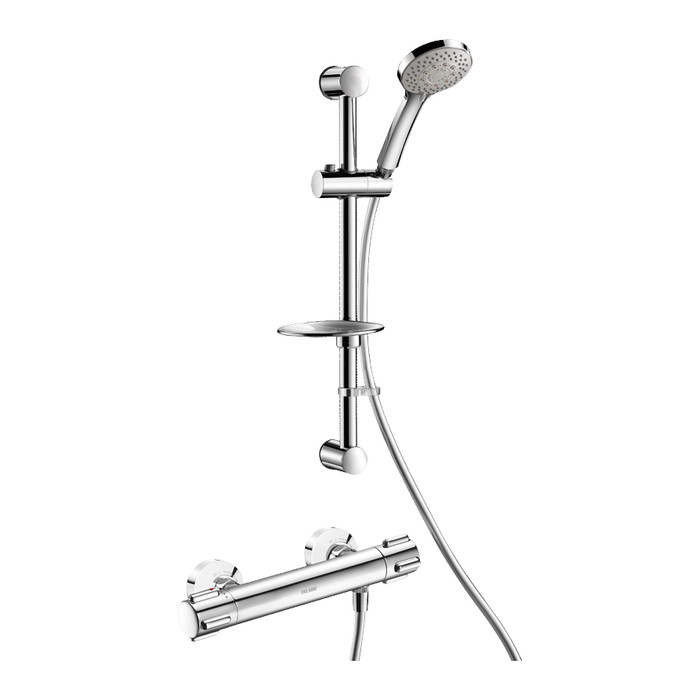 Sprchový set DELABIE s termostatickou baterií SECURITHERM model č. H9739, excentry STOP/CHECK, se sprchovou tyčí s mýdlenkou