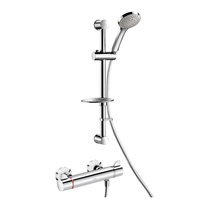 Sprchový set DELABIE s termostatickou baterií SECURITHERM Securitouch model č. H9741, excentry STOP/CHECK, se sprchovou tyčí s mýdlenkou
