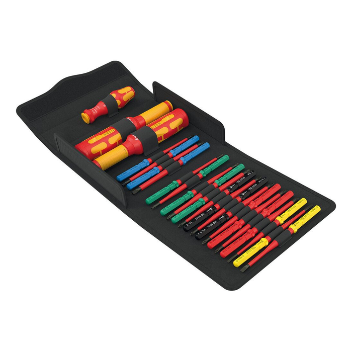23-piece set of insulated VDE interchangeable blades and screwdriver handles Wera Kraftform Kompakt VDE Safe-Torque Speed Set 1, in a case