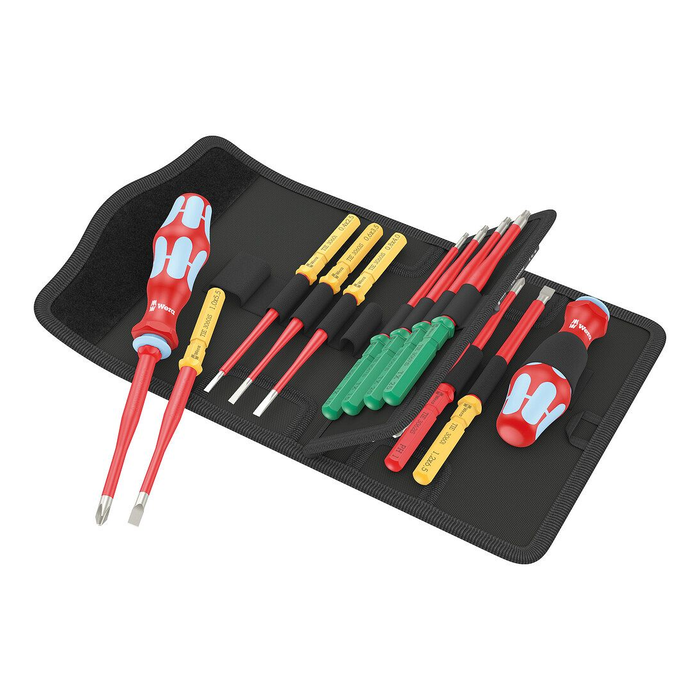 مجموعة من 17 قطعة من الشفرات القابلة للتبديل المعزولة VDE ومقابض المفكات وير Kraftform Kompakt VDE Stainless 17 extra slim 1 Tool Finder، في حافظة