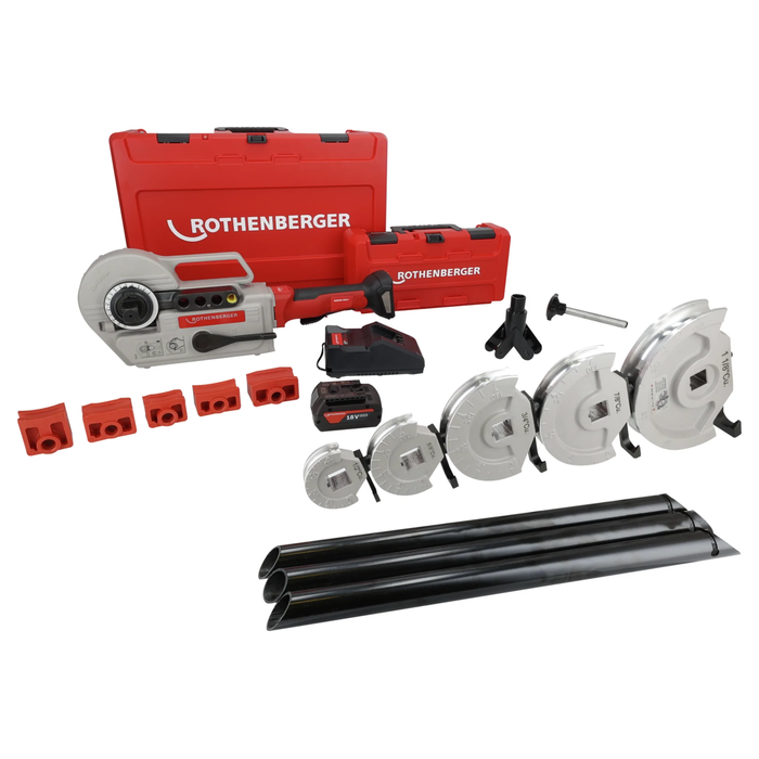 套装：充电式弯管机 ROBEND 4000 E ROTHENBERGER，带 Ø1/2–5/8–3/4–7/8–1 1/8″ 弯管模具，AMPShare