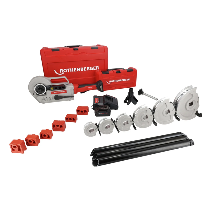 套装：充电式弯管机 ROBEND 4000 E ROTHENBERGER，带 Ø12–14–16–18–22–28 mm 弯管模具，AMPShare