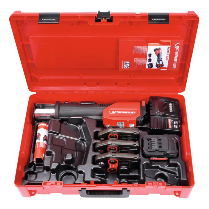 套装：充电式压接机 ROMAX 4000 ROTHENBERGER，带 SV 15–22–28 mm 压接钳，CAS