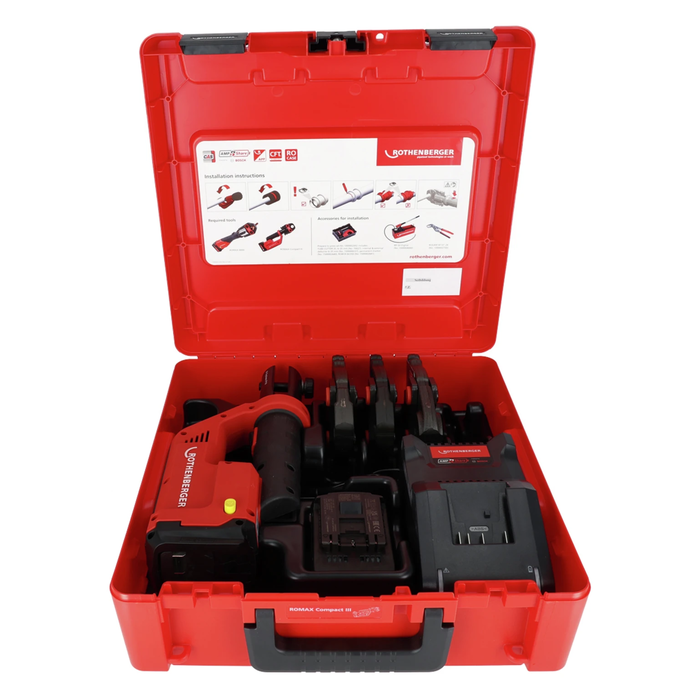 SET: Pressatrice a batteria ROMAX COMPACT III ROTHENBERGER con ganasce TH 16–20–26 mm, AMPShare